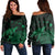 Hawaii Polynesian Hibiscus Turtle Map Women's Off Shoulder Sweater Green - AH Black - Polynesian Pride