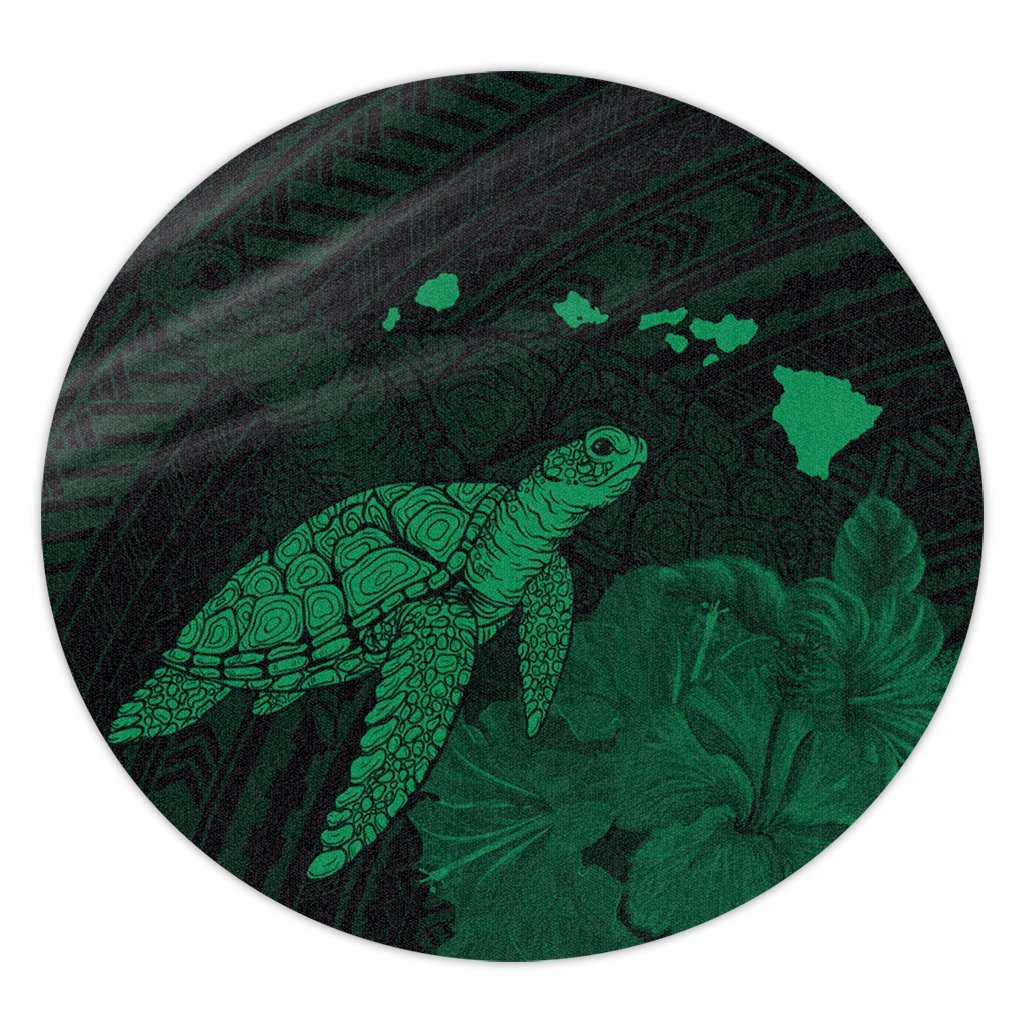 Hawaii Polynesian Hibiscus Turtle Map Round Carpet Green - AH Round Carpet Luxurious Plush - Polynesian Pride