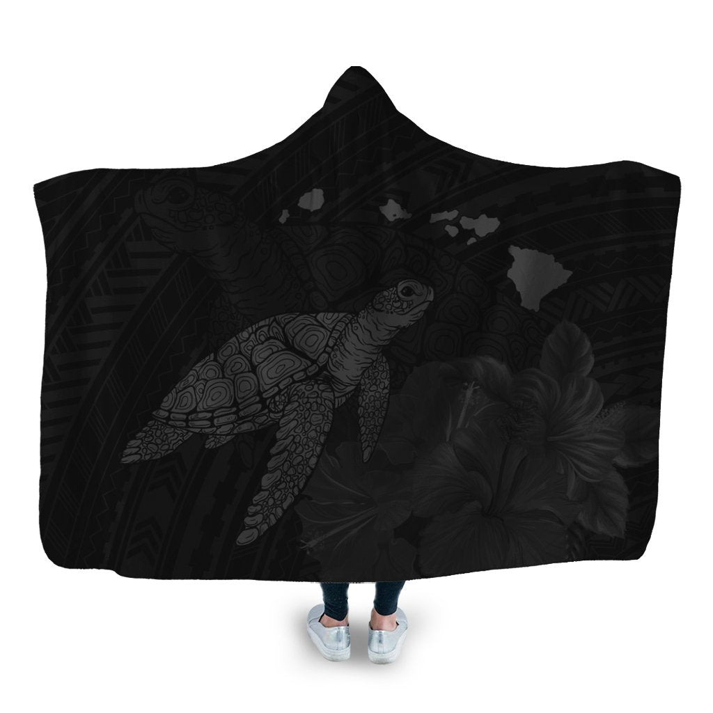 Hawaii Polynesian Hibiscus Turtle Map Hooded Blanket Grey - AH Hooded Blanket White - Polynesian Pride