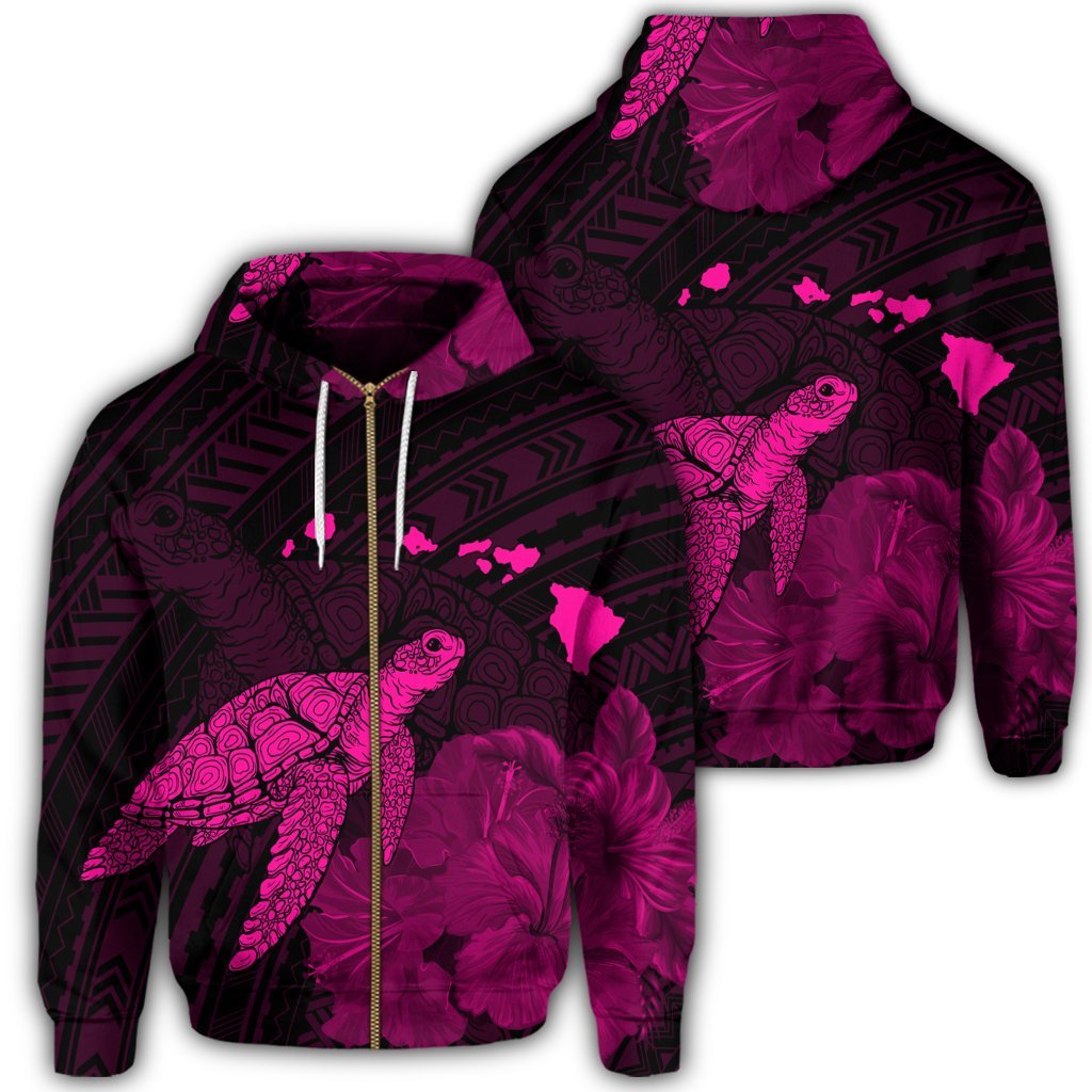 Hawaii Polynesian Hibiscus Turtle Map Zip Hoodie Pink Unisex Art - Polynesian Pride