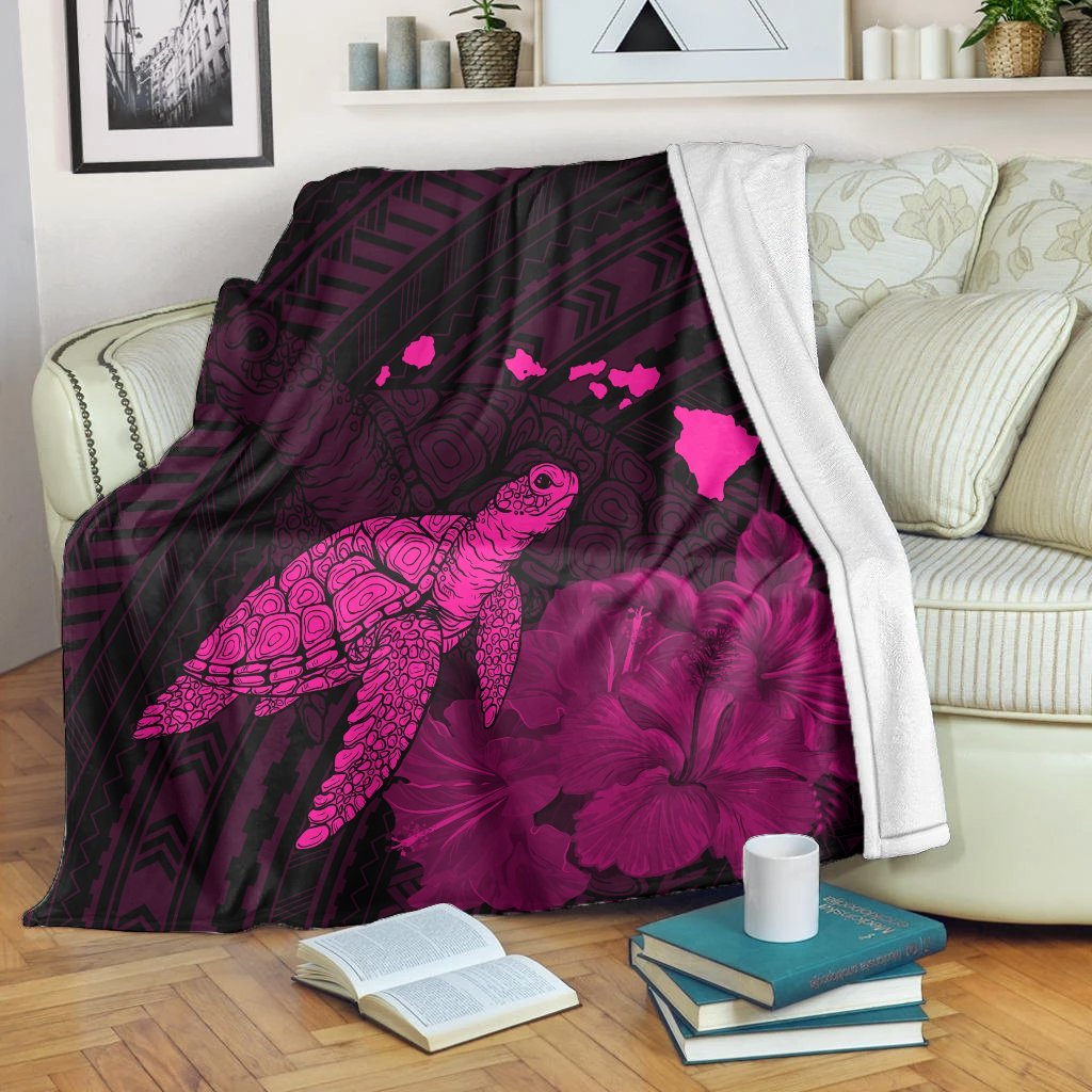 Hawaii Polynesian Hibiscus Turtle Map Premium Blankets Pink - AH White - Polynesian Pride