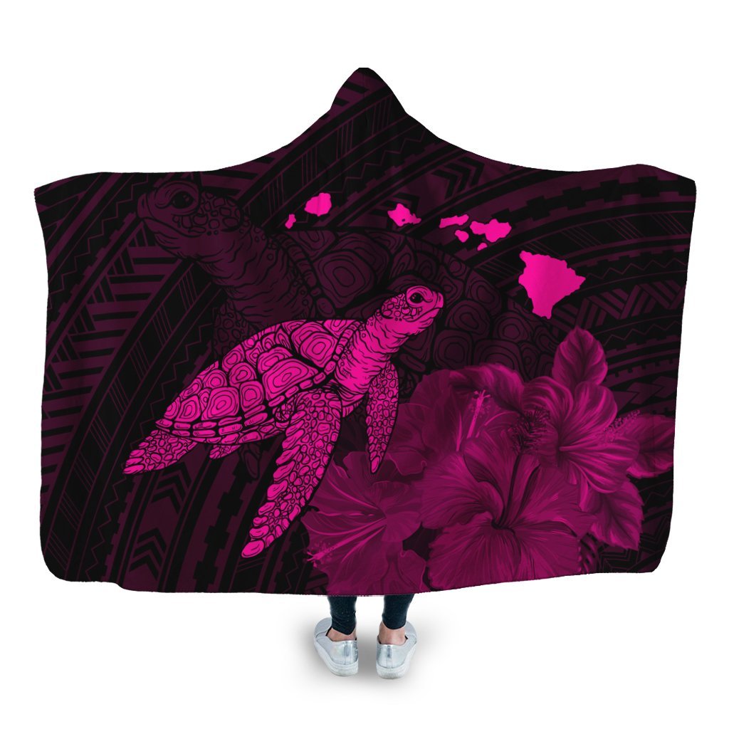 Hawaii Polynesian Hibiscus Turtle Map Hooded Blanket Pink - AH Hooded Blanket White - Polynesian Pride