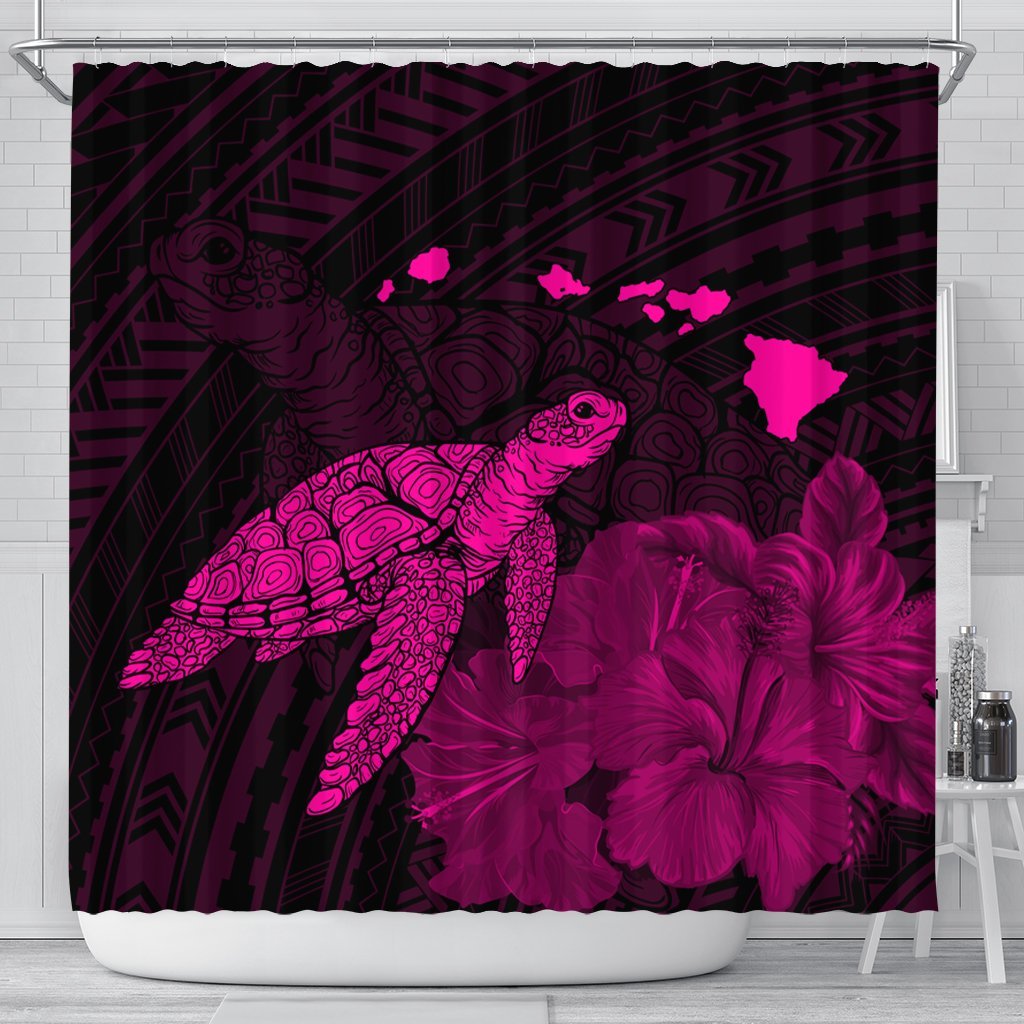 Hawaii Polynesian Hibiscus Turtle Map Shower Curtain Pink - AH 177 x 172 (cm) Black - Polynesian Pride