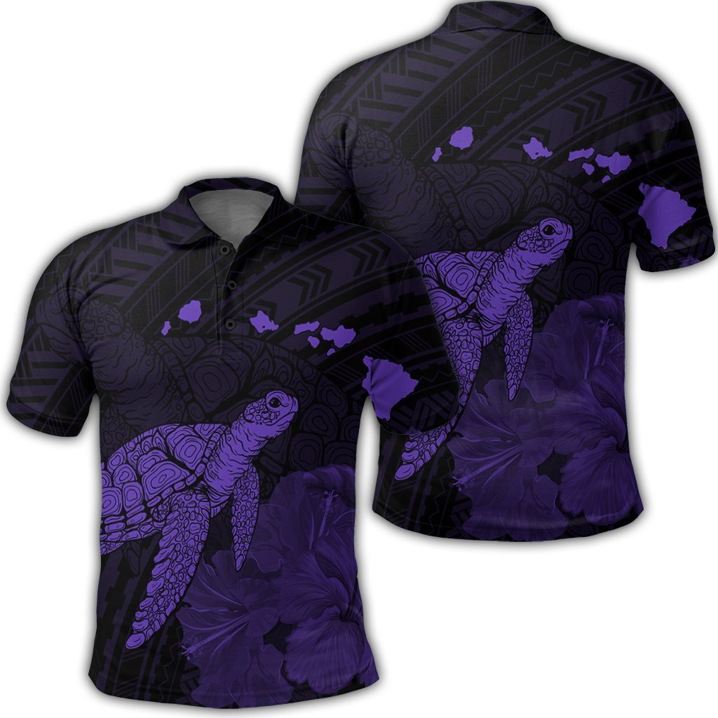 Hawaii Polynesian Hibiscus Turtle Map Polo Shirt Purple Unisex Black - Polynesian Pride