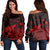 Hawaii Polynesian Hibiscus Turtle Map Women's Off Shoulder Sweater Red - AH Black - Polynesian Pride