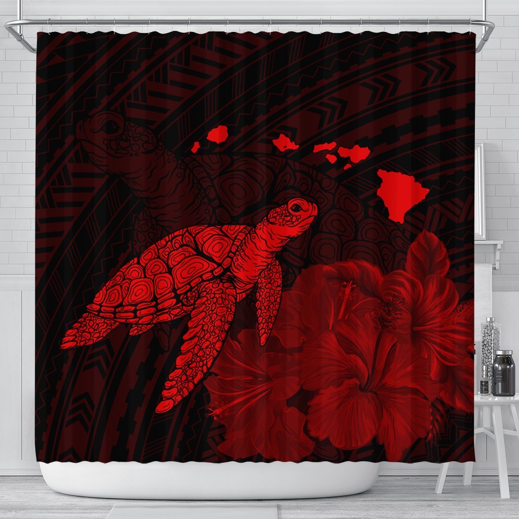 Hawaii Polynesian Hibiscus Turtle Map Shower Curtain Red - AH 177 x 172 (cm) Black - Polynesian Pride