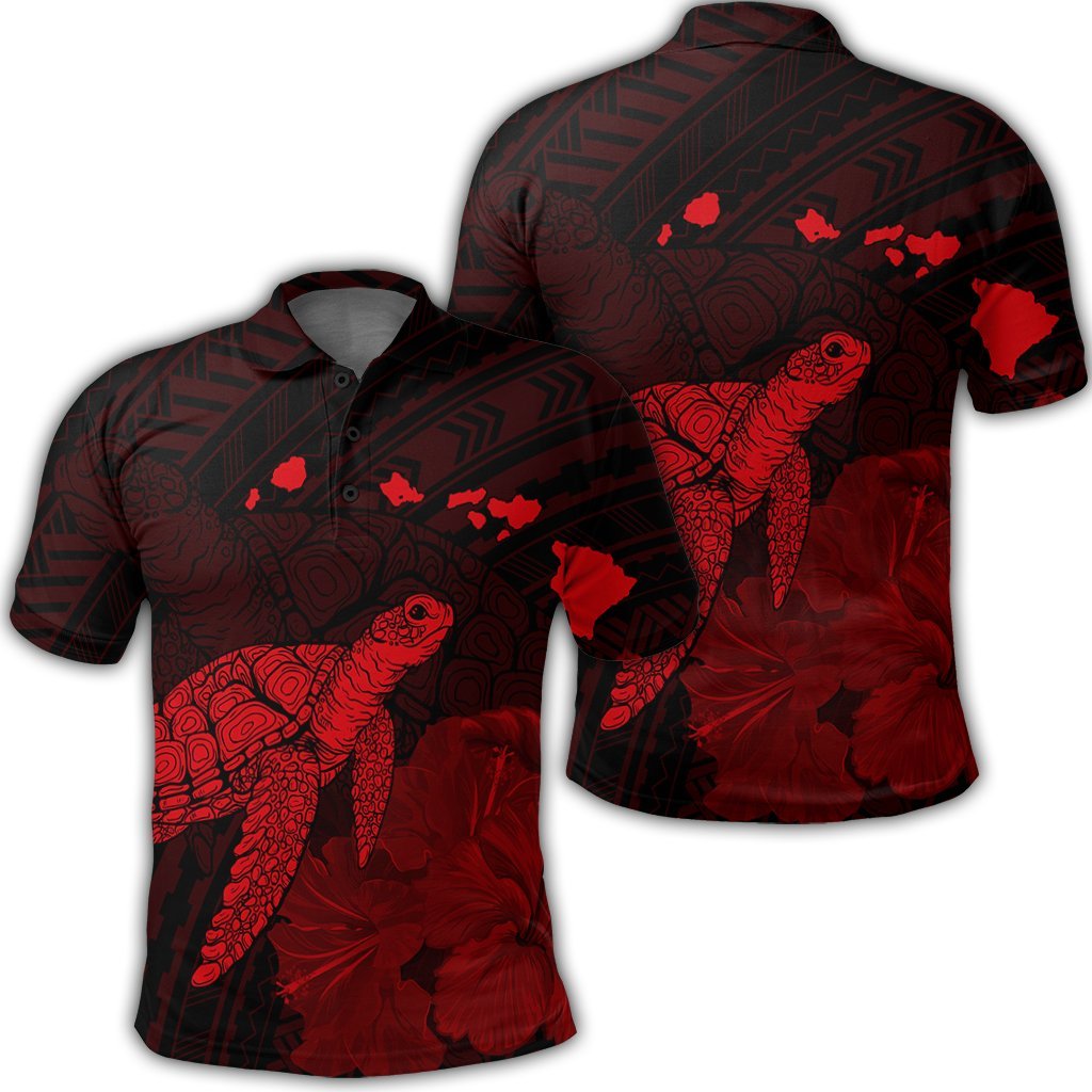 Hawaii Polynesian Hibiscus Turtle Map Polo Shirt Red Unisex Black - Polynesian Pride