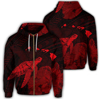 Hawaii Polynesian Hibiscus Turtle Map Zip Hoodie Red Unisex Art - Polynesian Pride