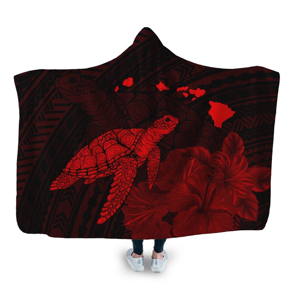 Hawaii Polynesian Hibiscus Turtle Map Hooded Blanket Red - AH Hooded Blanket White - Polynesian Pride