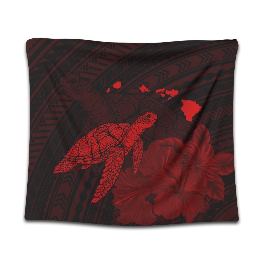 Hawaii Polynesian Hibiscus Turtle Map Tapestry Red - AH Wall Tapestry Black - Polynesian Pride