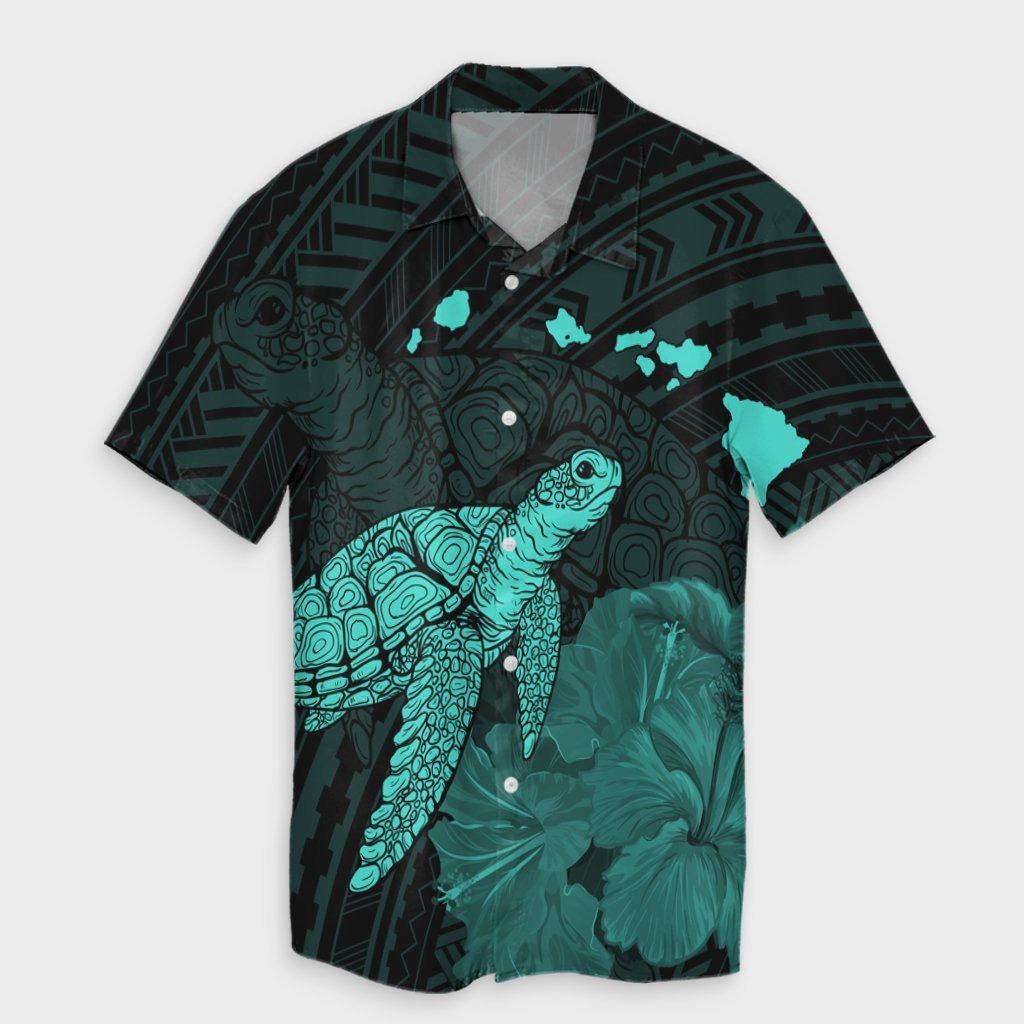 Polynesian Couple Outfits Matching Dress and Hawaiian Shirt Hawaii Polynesian Hibiscus Turtle Map Turquoise RLT14 - Polynesian Pride