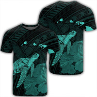 Hawaii Polynesian Hibiscus Turtle Map T Shirt Turquoise Unisex Black - Polynesian Pride