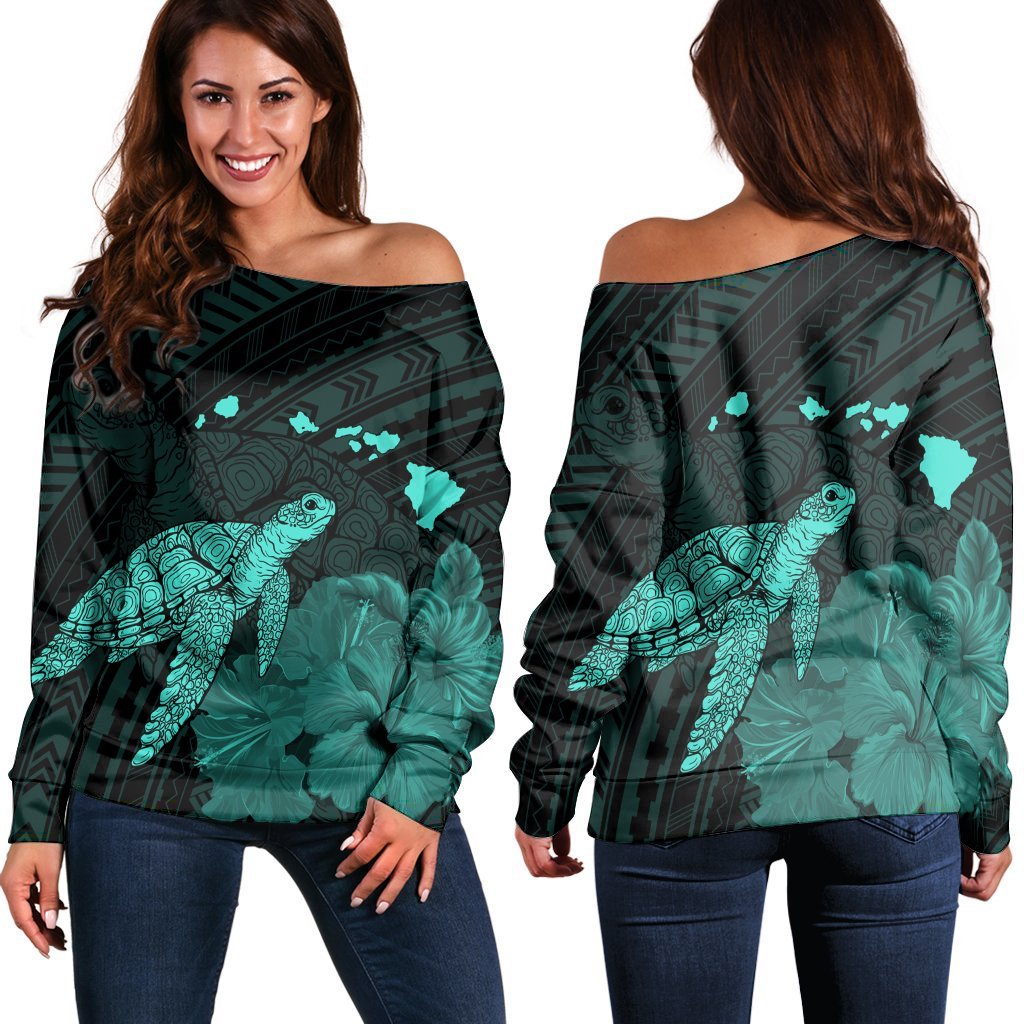 Hawaii Polynesian Hibiscus Turtle Map Women's Off Shoulder Sweater Turquoise - AH Black - Polynesian Pride