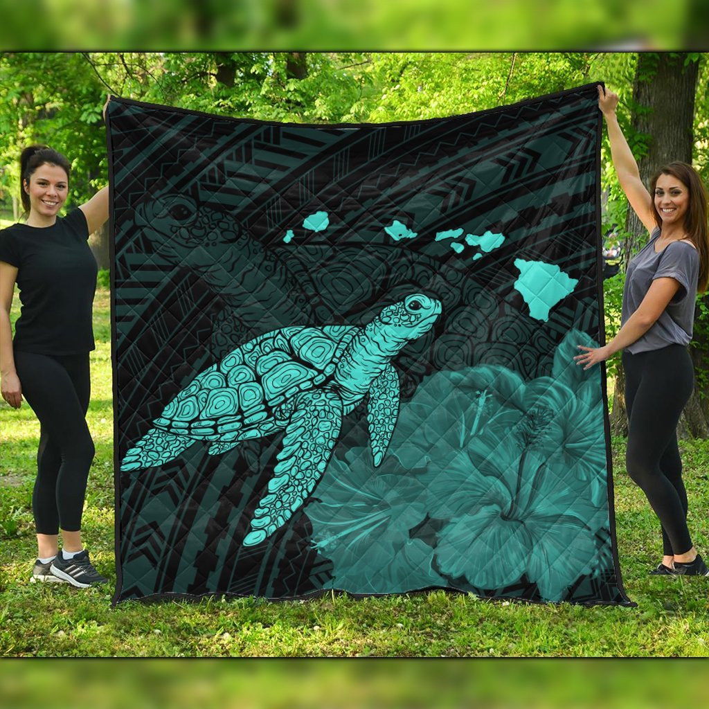 Hawaii Polynesian Hibiscus Turtle Map Premium Quilts Turquoise - AH Black - Polynesian Pride