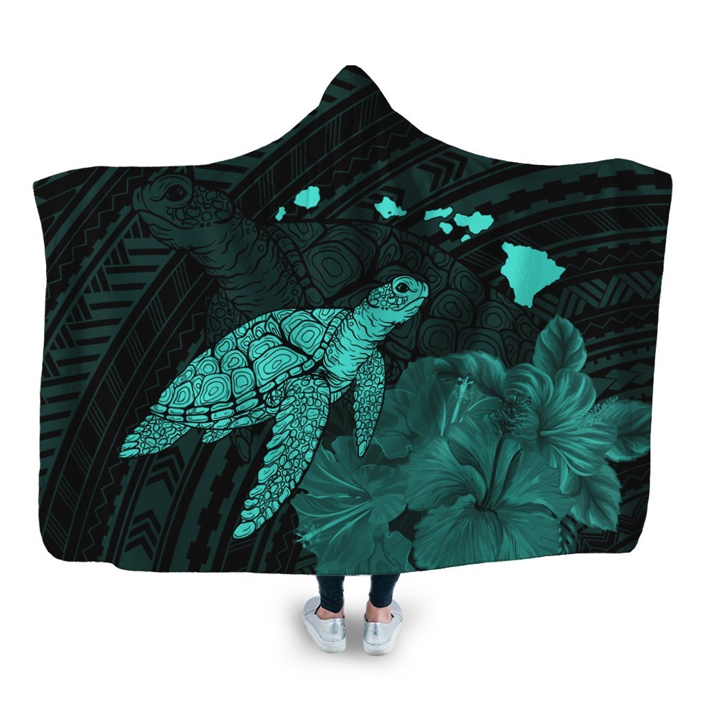 Hawaii Polynesian Hibiscus Turtle Map Hooded Blanket Turquoise - AH Hooded Blanket White - Polynesian Pride