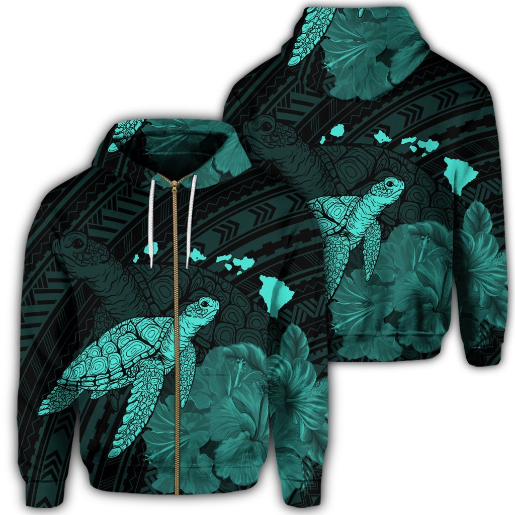Hawaii Polynesian Hibiscus Turtle Map Zip Hoodie Turquoise Unisex Art - Polynesian Pride