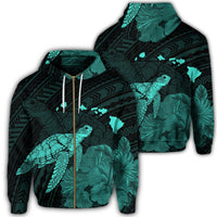Hawaii Polynesian Hibiscus Turtle Map Zip Hoodie Turquoise Unisex Art - Polynesian Pride