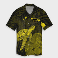(Private ES Security) Matching Couple Hawaiian Outfits Dress and Hawaiian Shirt Hawaii Polynesian Hibiscus Turtle Map Yellow RLT14 - Polynesian Pride