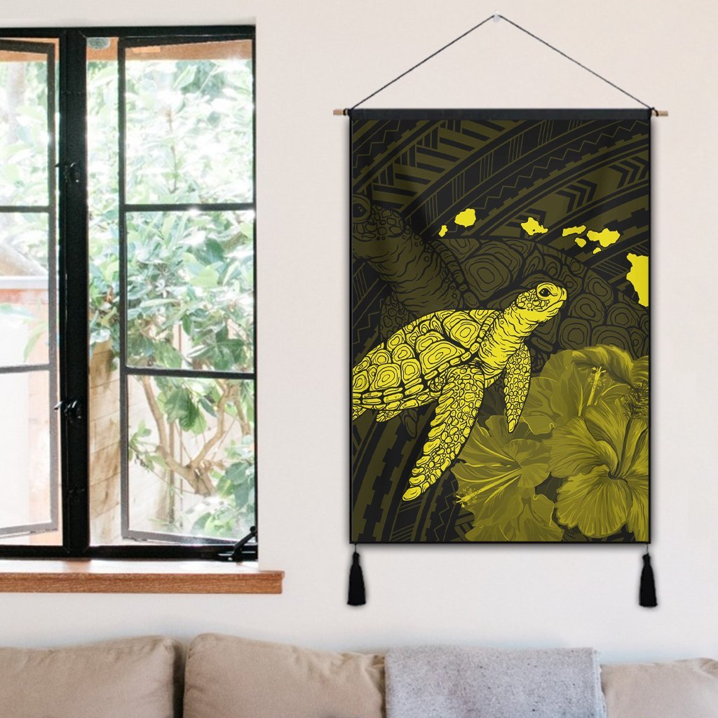 Hawaii Polynesian Hibiscus Turtle Map Hanging Poster Yellow - AH - Polynesian Pride
