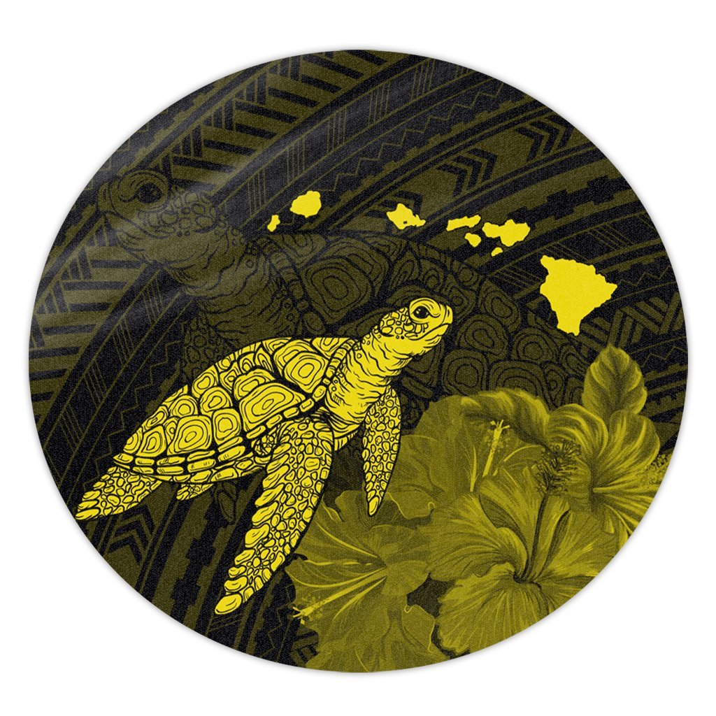 Hawaii Polynesian Hibiscus Turtle Map Round Carpet Yellow - AH Round Carpet Luxurious Plush - Polynesian Pride