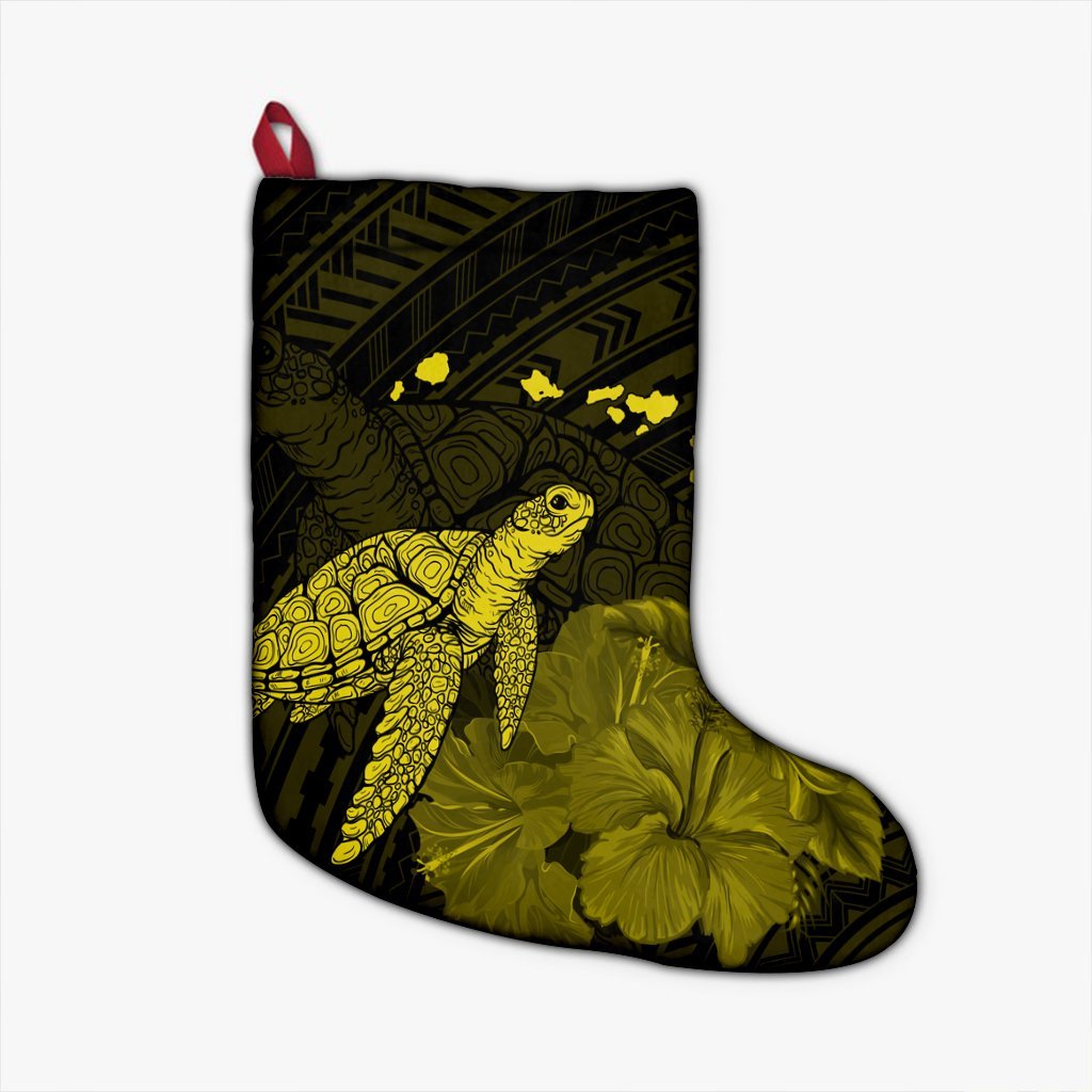 Hawaii Polynesian Hibiscus Turtle Map Christmas Stocking Yellow - AH Christmas Stocking 26 X 42 cm Black - Polynesian Pride