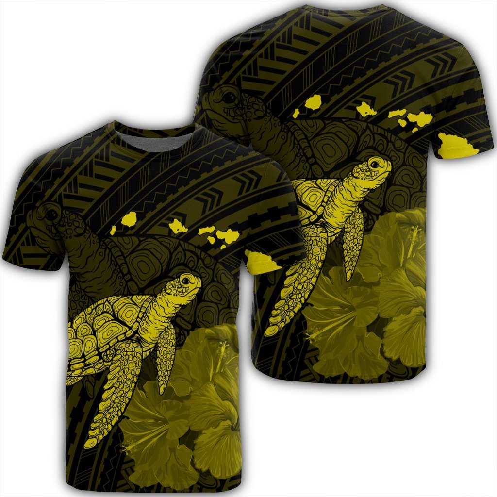 Hawaii Polynesian Hibiscus Turtle Map T Shirt Yellow Unisex Black - Polynesian Pride