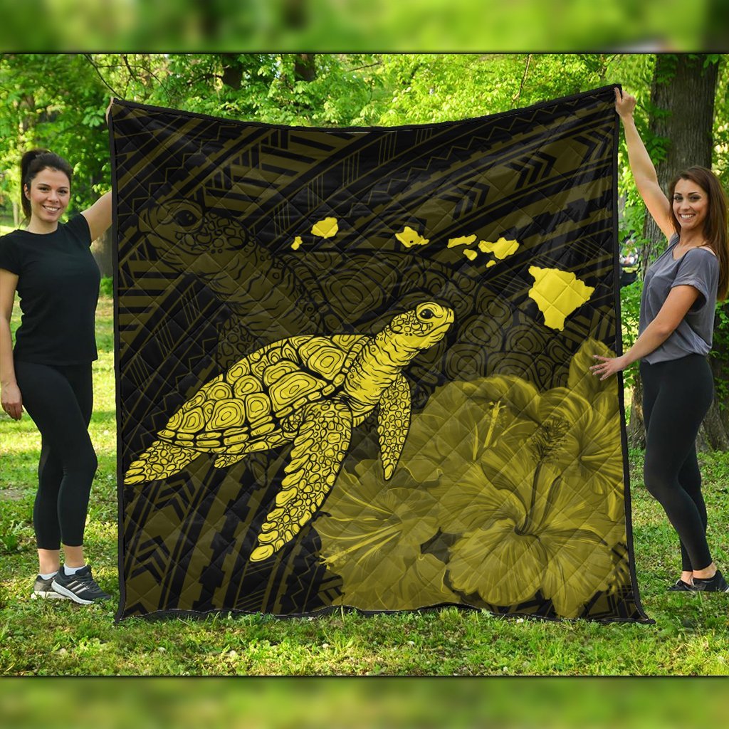 Hawaii Polynesian Hibiscus Turtle Map Premium Quilts Yellow - AH Black - Polynesian Pride