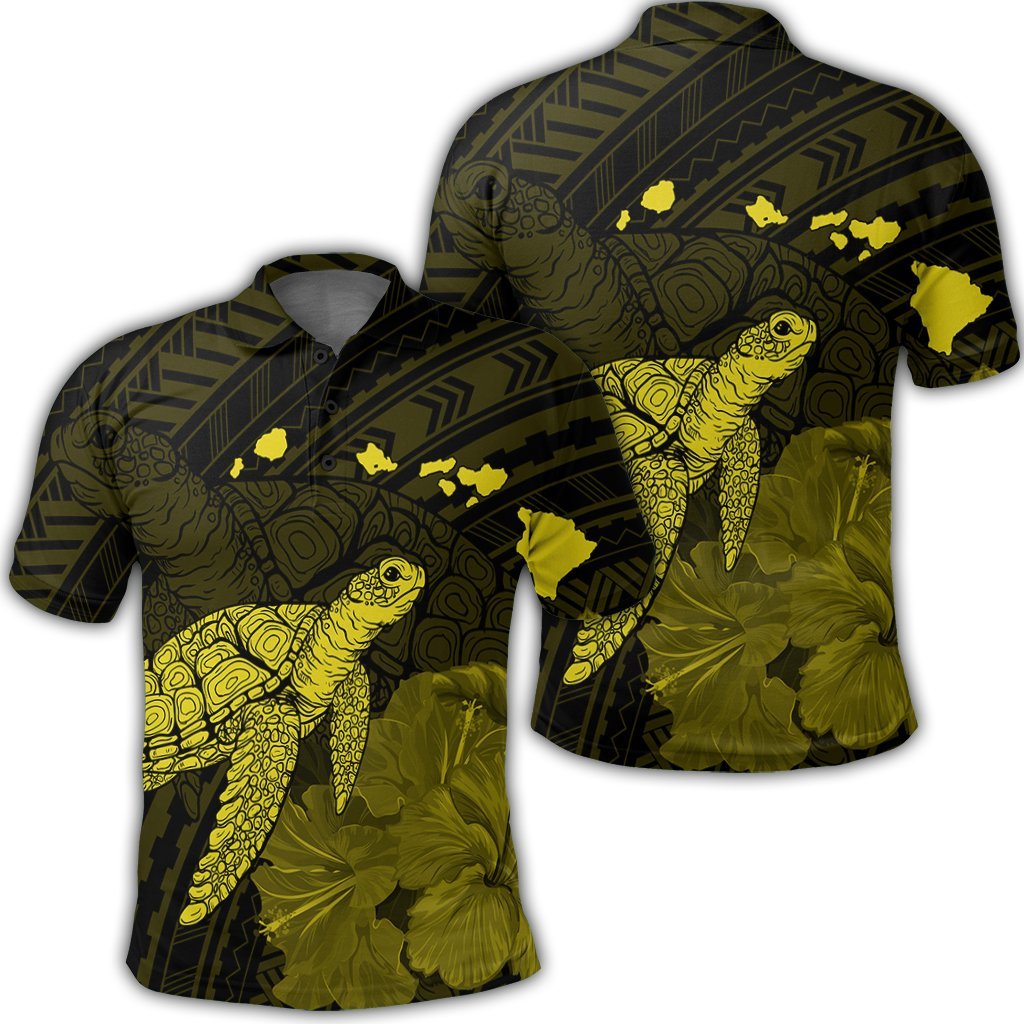 Hawaii Polynesian Hibiscus Turtle Map Polo Shirt Yellow Unisex Black - Polynesian Pride