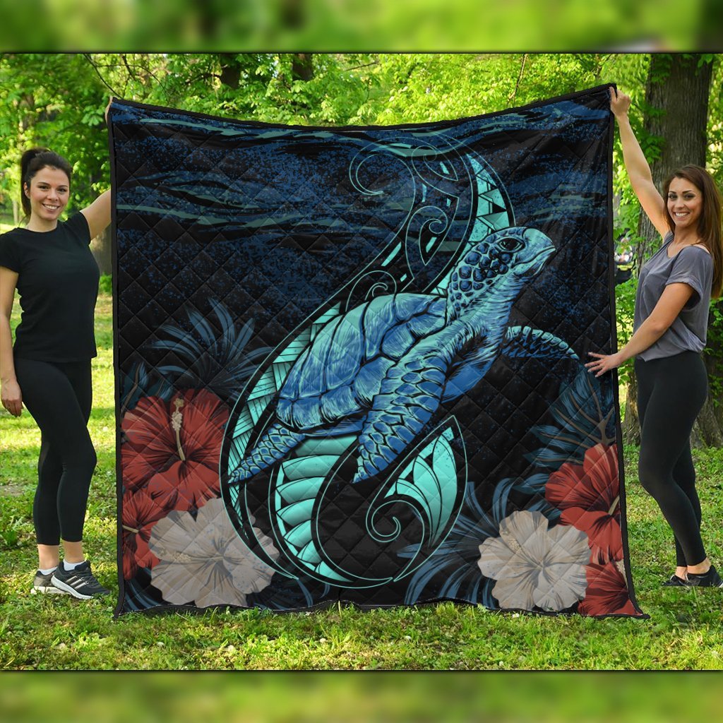 Hawaii Polynesian Honu Sea Hibiscus Premium Quilts - AH Black - Polynesian Pride