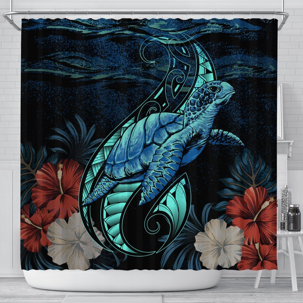 Hawaii Polynesian Honu Sea Hibiscus Shower Curtain - AH 177 x 172 (cm) Black - Polynesian Pride