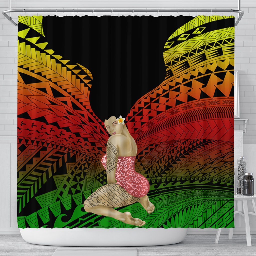 Hawaii Polynesian Hula Girl Wearing Plumeria Shower Curtain Reggae - AH 177 x 172 (cm) Black - Polynesian Pride