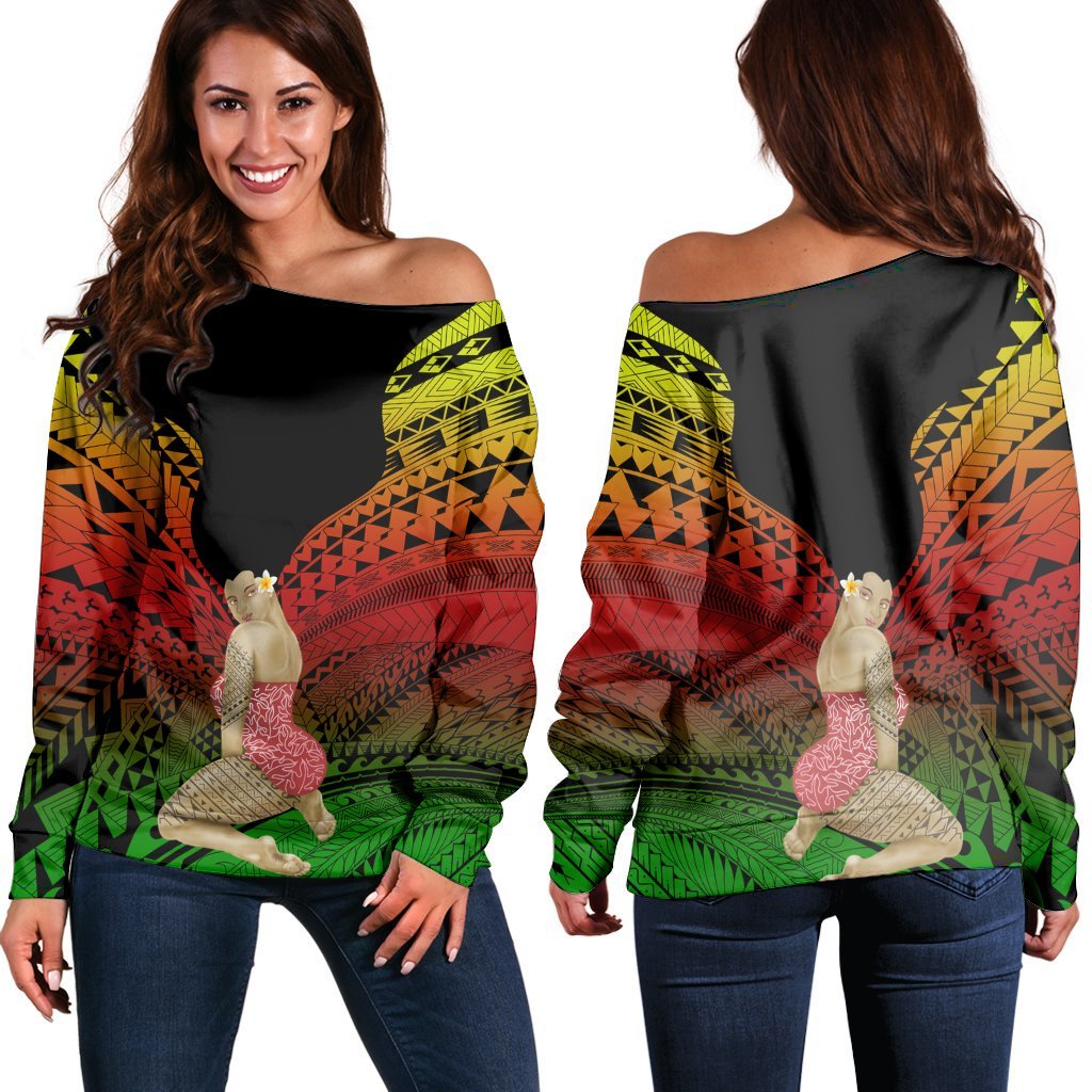 Hawaii Polynesian Hula Girl Wearing Plumeria Women's Off Shoulder Sweater Reggae - AH Black - Polynesian Pride