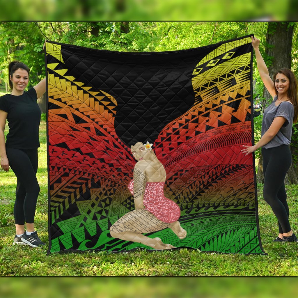 Hawaii Polynesian Hula Girl Wearing Plumeria Premium Quilts Reggae - AH Black - Polynesian Pride