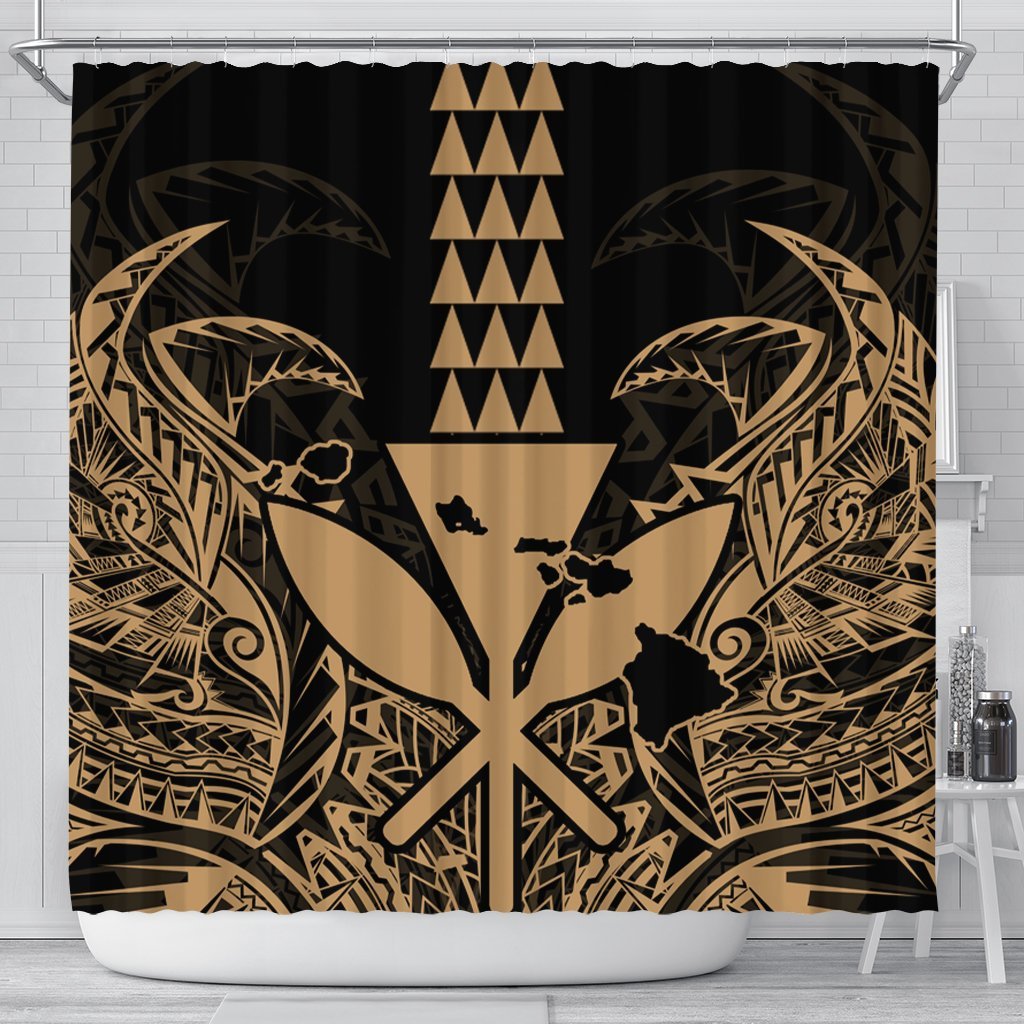 Hawaii Polynesian Kanaka Kakau Shower Curtain - Alan Style Gold - AH 177 x 172 (cm) Black - Polynesian Pride