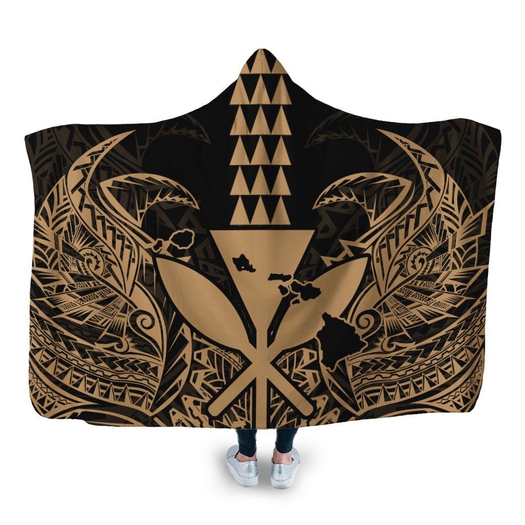 Hawaii Polynesian Kanaka Kakau Hooded Blanket - Alan Style Gold - AH Hooded Blanket White - Polynesian Pride