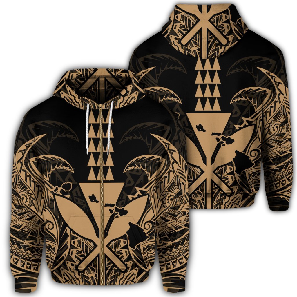 Hawaii Polynesian Zip Hoodie Kanaka Kakau Alan Style Gold Unisex Art - Polynesian Pride
