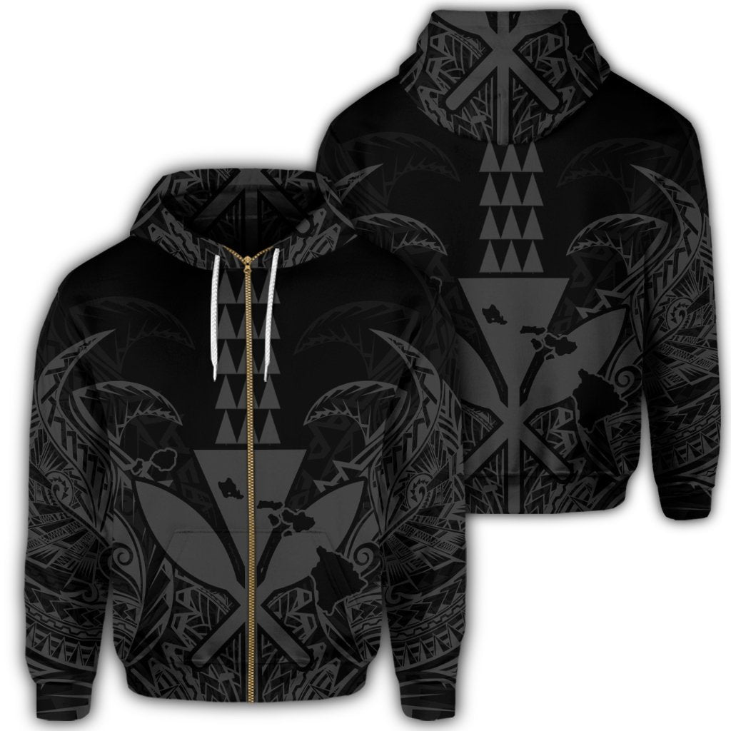 Hawaii Polynesian Zip Hoodie Kanaka Kakau Alan Style Gray Unisex Art - Polynesian Pride