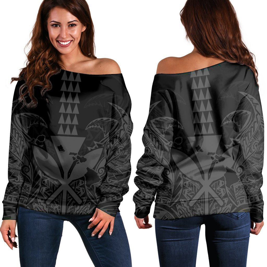 Hawaii Polynesian Kanaka Kakau Women's Off Shoulder Sweater - Alan Style Gray - AH Black - Polynesian Pride