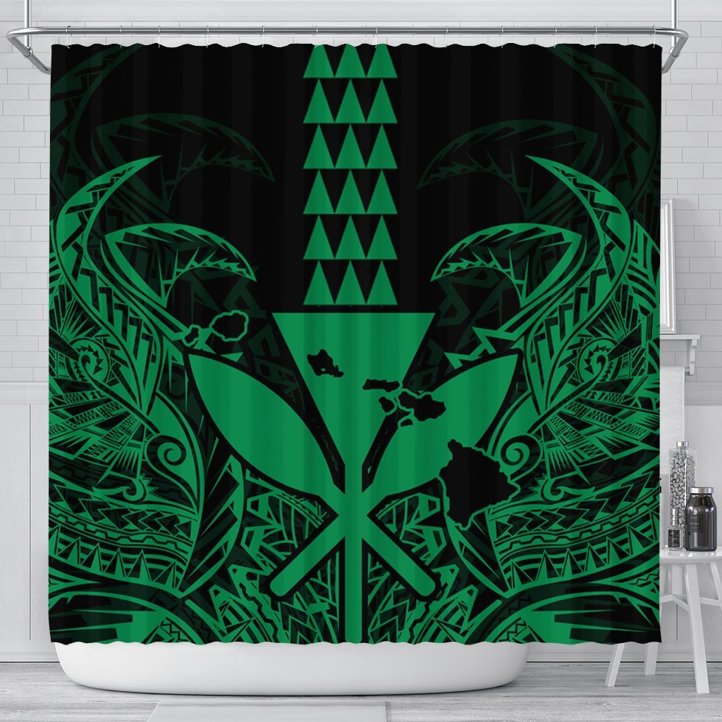 Hawaii Polynesian Kanaka Kakau Shower Curtain - Alan Style Green - AH 177 x 172 (cm) Black - Polynesian Pride