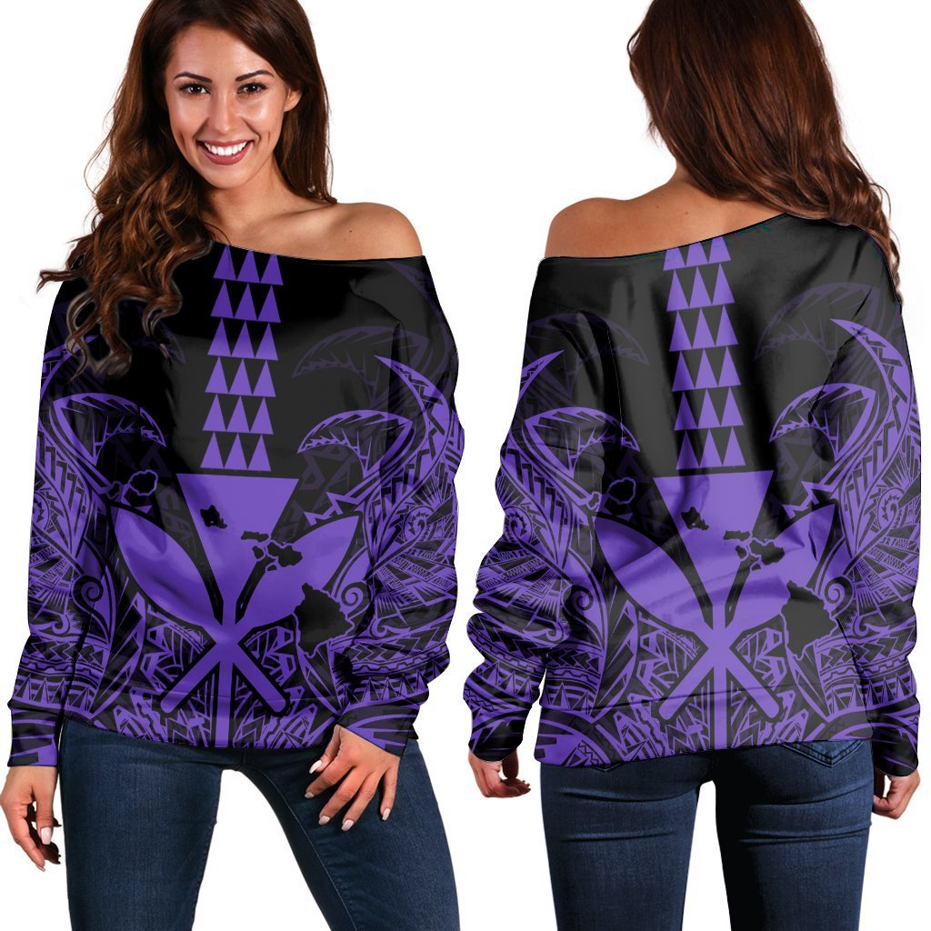 Hawaii Polynesian Kanaka Kakau Women's Off Shoulder Sweater - Alan Style Purple - AH Black - Polynesian Pride