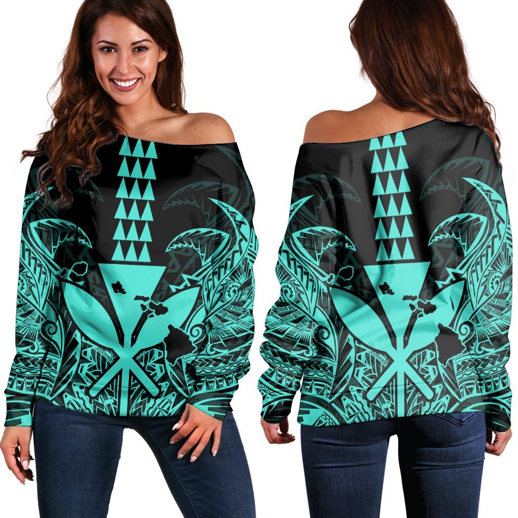 Hawaii Polynesian Kanaka Kakau Women's Off Shoulder Sweater - Alan Style Turquoise - AH Black - Polynesian Pride