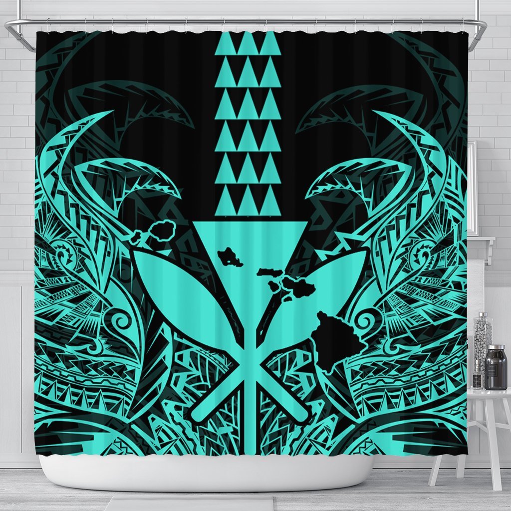 Hawaii Polynesian Kanaka Kakau Shower Curtain - Alan Style Turquoise - AH 177 x 172 (cm) Black - Polynesian Pride