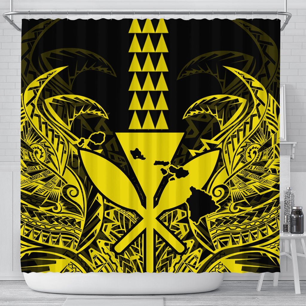 Hawaii Polynesian Kanaka Kakau Shower Curtain - Alan Style Yellow - AH 177 x 172 (cm) Black - Polynesian Pride