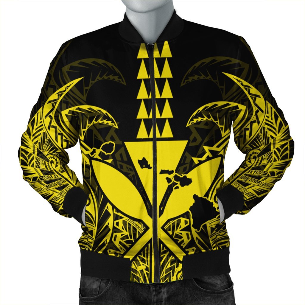 Hawaii Polynesian Kanaka Kakau Bomber Jacket - Alan Style Yellow - AH Black Unisex - Polynesian Pride