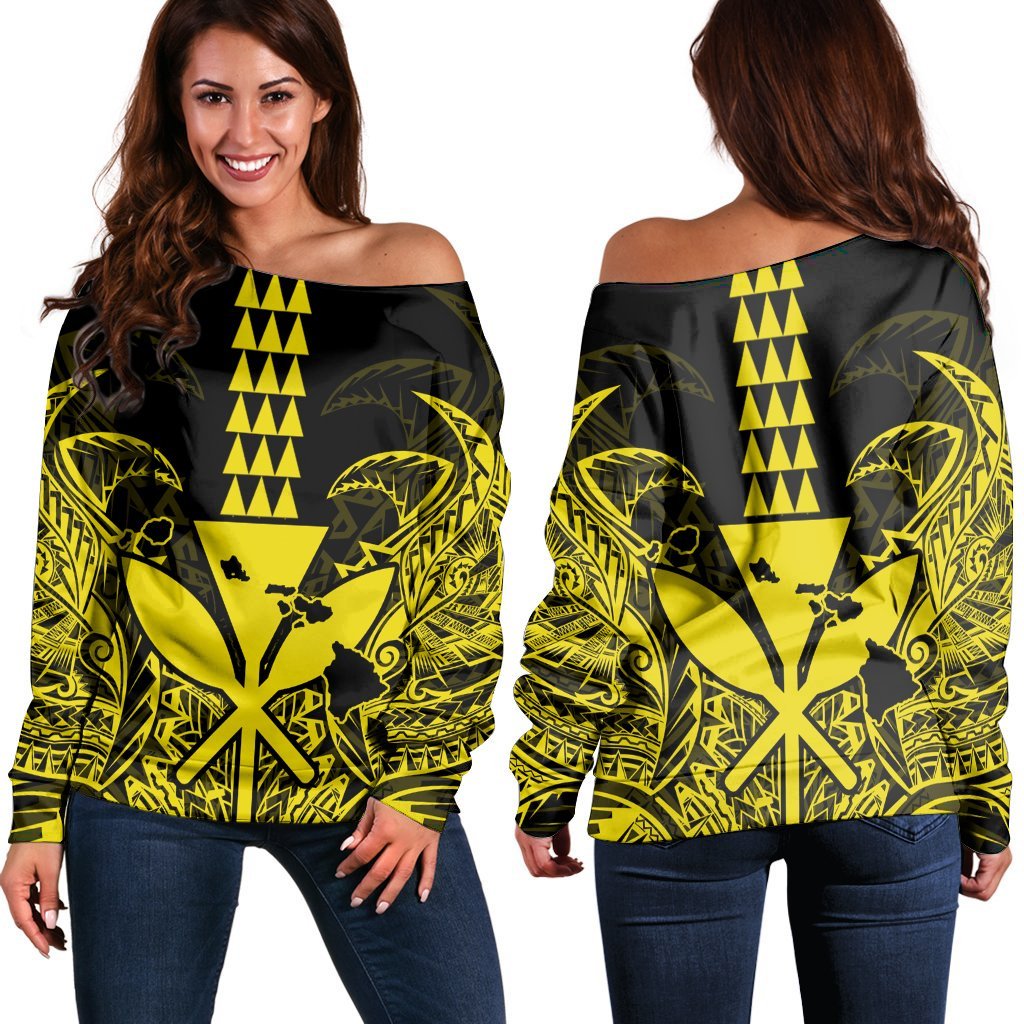 Hawaii Polynesian Kanaka Kakau Women's Off Shoulder Sweater - Alan Style Yellow - AH Black - Polynesian Pride