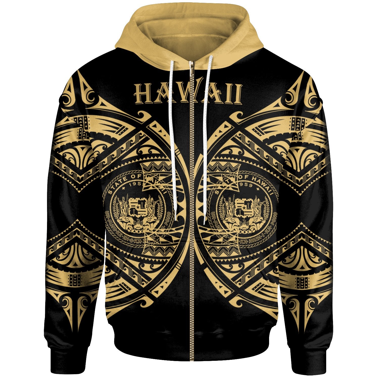 Hawaii Zip up Hoodie Polynesian Pattern Style Gold Unisex Gold - Polynesian Pride