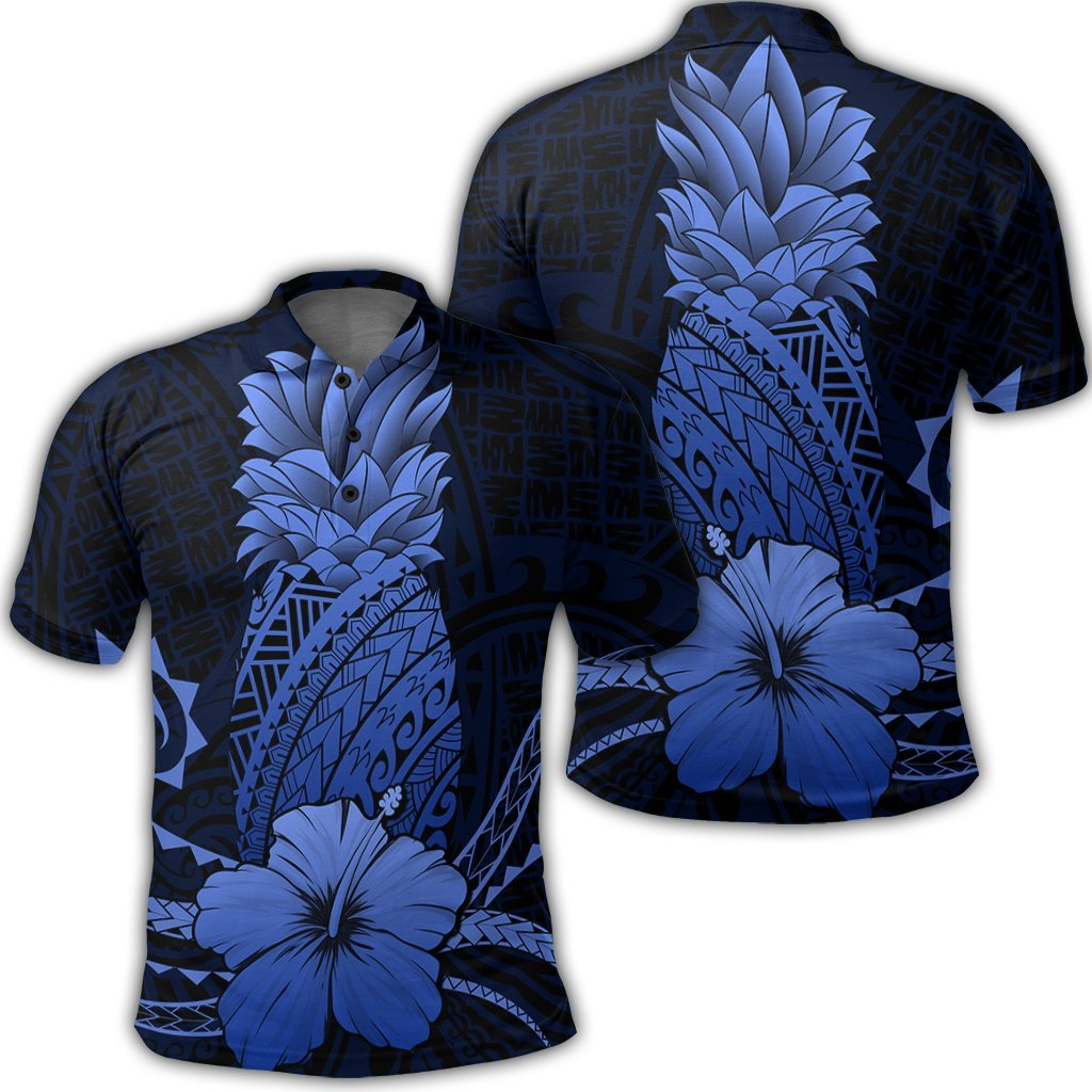 Hawaii Polynesian Pineapple Hibiscus Polo Shirt Blue Unisex Black - Polynesian Pride