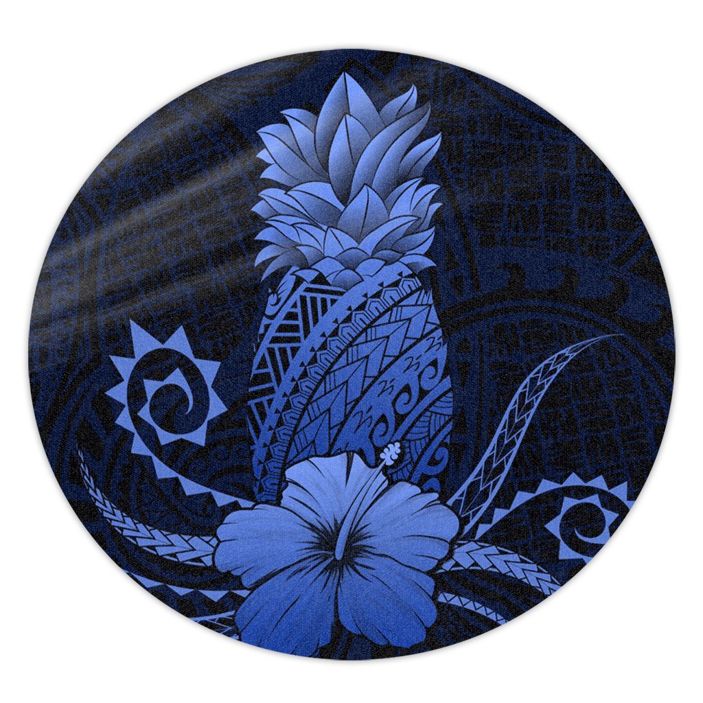 Hawaii Polynesian Pineapple Hibiscus Round Carpet - Blue - AH Round Carpet Luxurious Plush - Polynesian Pride