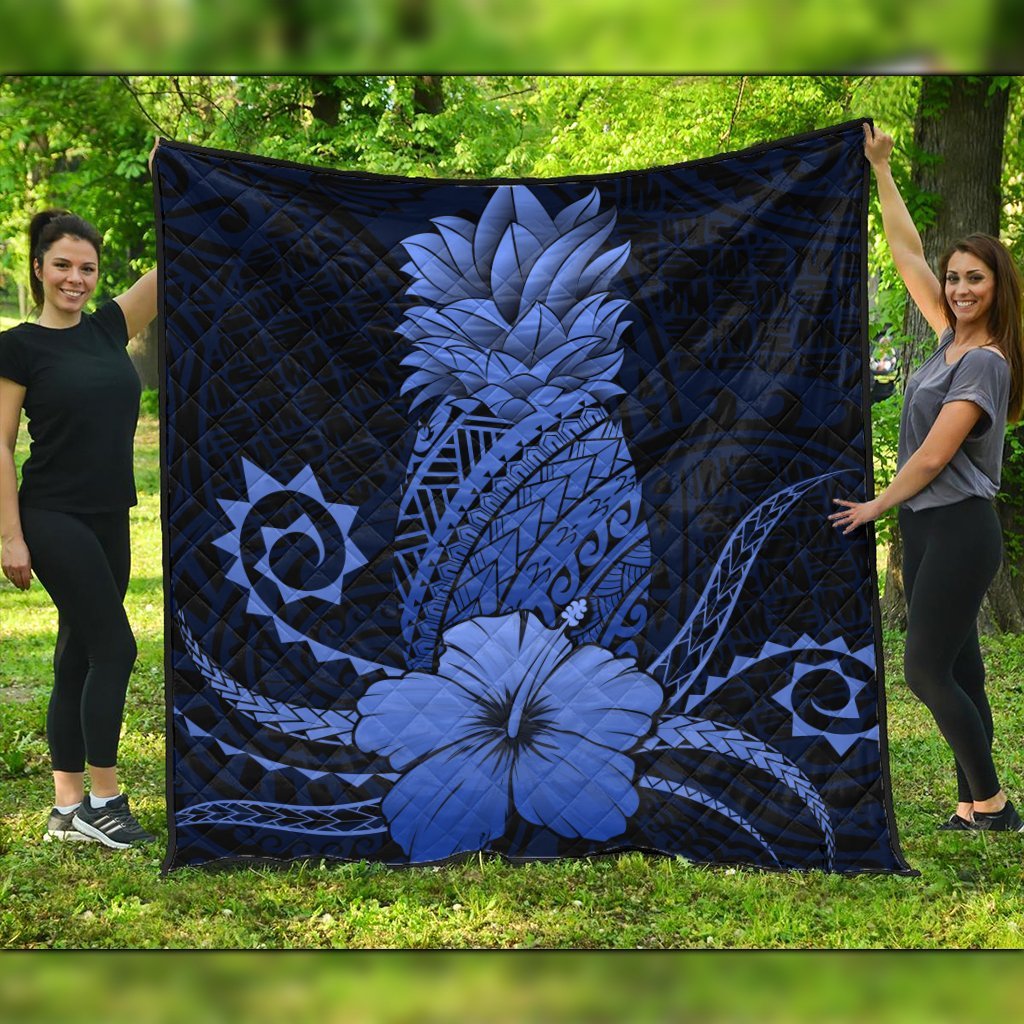 Hawaii Polynesian Pineapple Hibiscus Premium Quilts - Blue - AH Black - Polynesian Pride