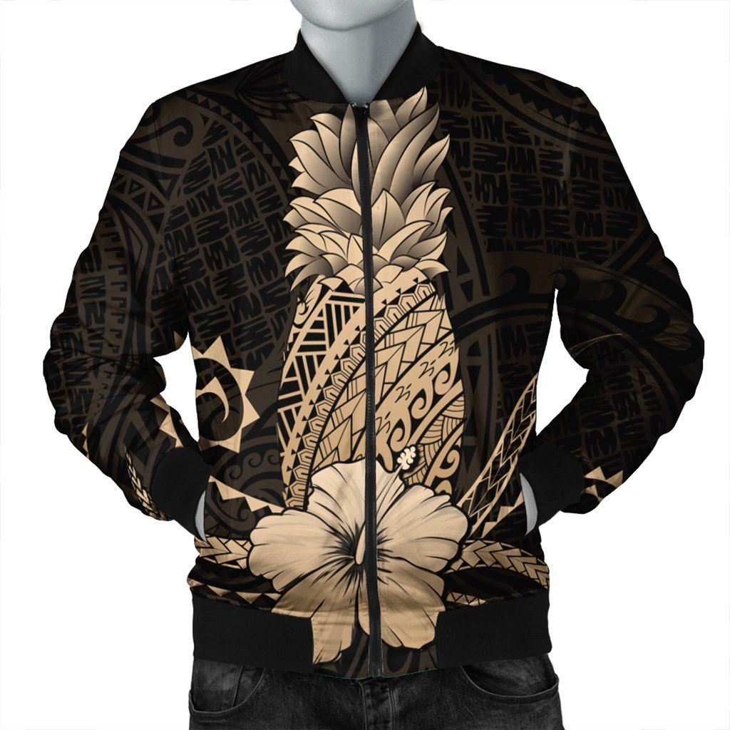 Hawaii Polynesian Pineapple Hibiscus Bomber Jacket - Gold - AH Black Unisex - Polynesian Pride